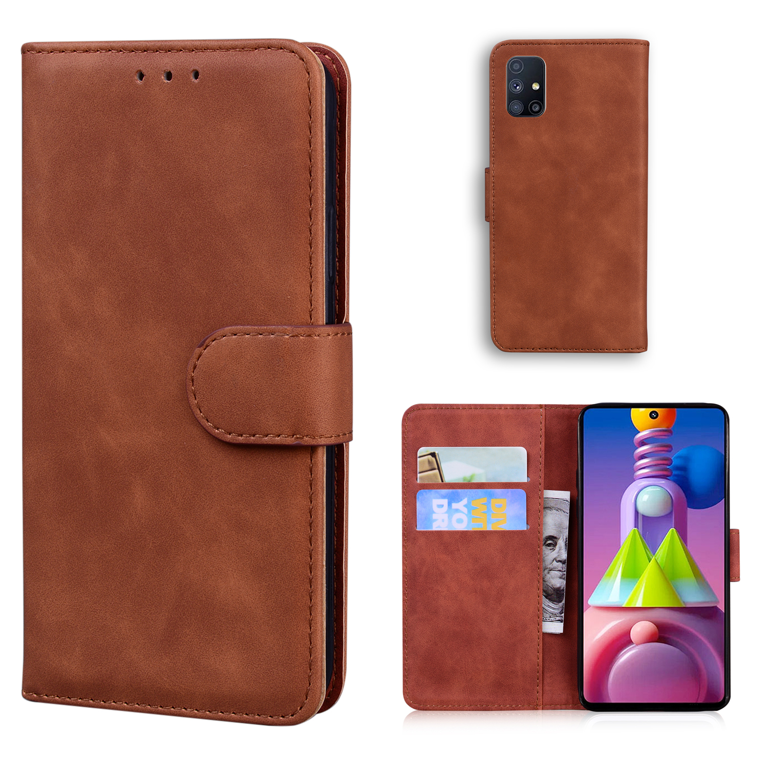 

Простые Кожаные Кожаные Телефонные Бумажники Стойки Крышки Для Samsung Galaxy M51 (версия Боковой Отпечатки Пальцев) - Коричневый, Galaxy M51