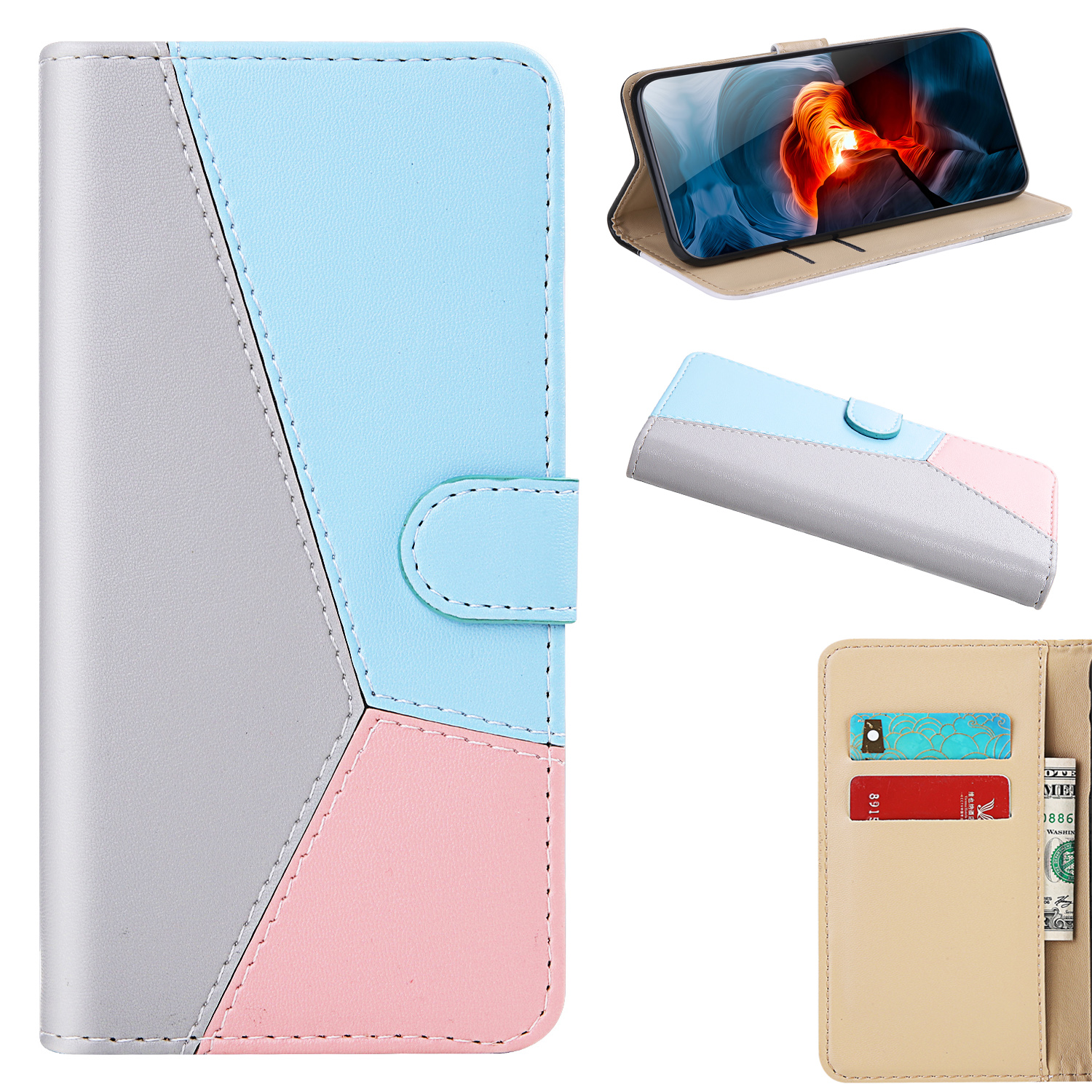

Three-color Splicing PU Leather Cover for Samsung Galaxy A42 5G Wallet Stand Shell - Grey/Blue/Pink, Galaxy A42 5G