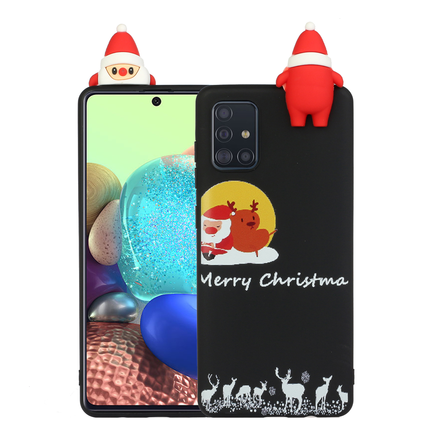 

Christmas Series TPU Phone Cover Case with 3D Christmas Doll Decor for Samsung Galaxy A51 SM-A515 - Black Santa and Moose, Galaxy A51 4G