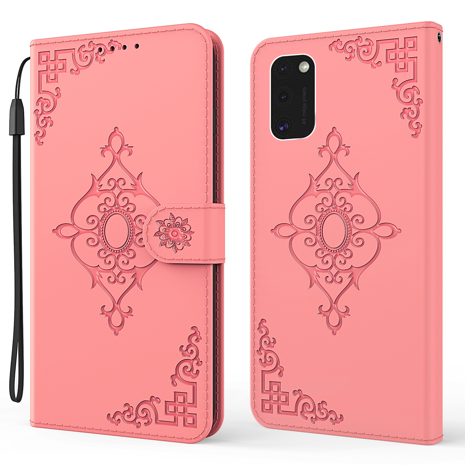 

Symmetrical Pattern Imprinting Leather Phone Wallet + Stand Protector with Handy Strap for Samsung Galaxy S21 5G/S21 4G - Pink, Galaxy S21 5G