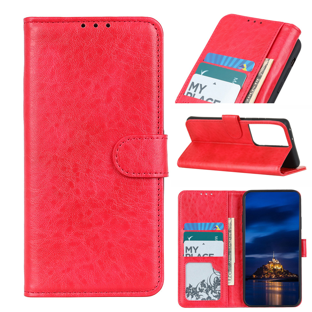 

For Samsung Galaxy S21 Ultra 5G Magnetic Crazy Horse Skin Leather Wallet Phone Folio Flip Cover Case - Red