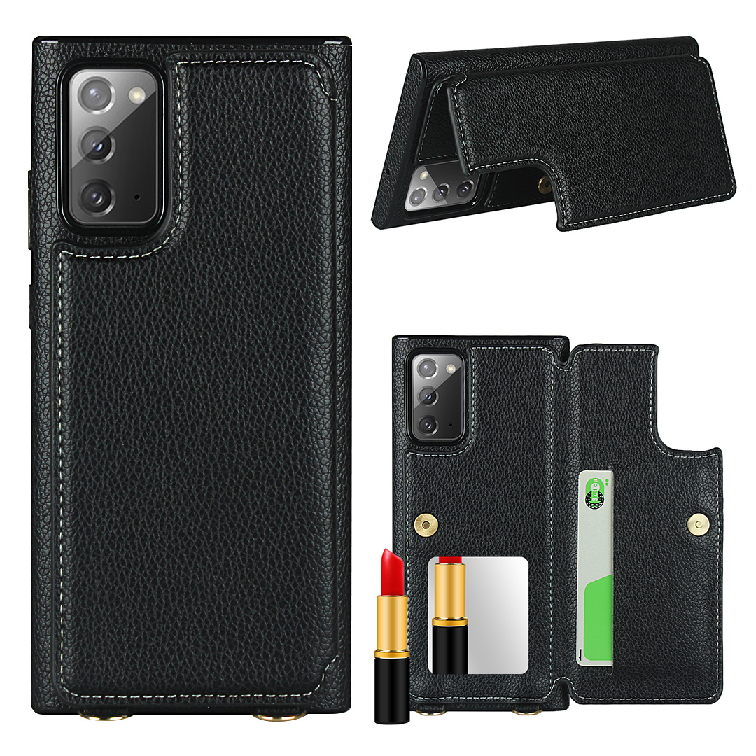 

Держатель Текстуры Litchi + Зеркальный Фолио Flip Phone Cover С Ремешком Для Samsung Galaxy Note 20 / Note 20 5G - Чернить, Galaxy Note 20