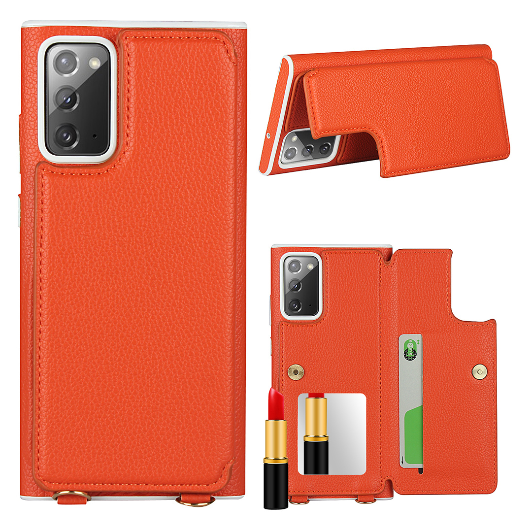

Держатель Текстуры Litchi + Зеркальный Фолио Flip Phone Cover С Ремешком Для Samsung Galaxy Note 20 / Note 20 5G - Светло-коричневый, Galaxy Note 20