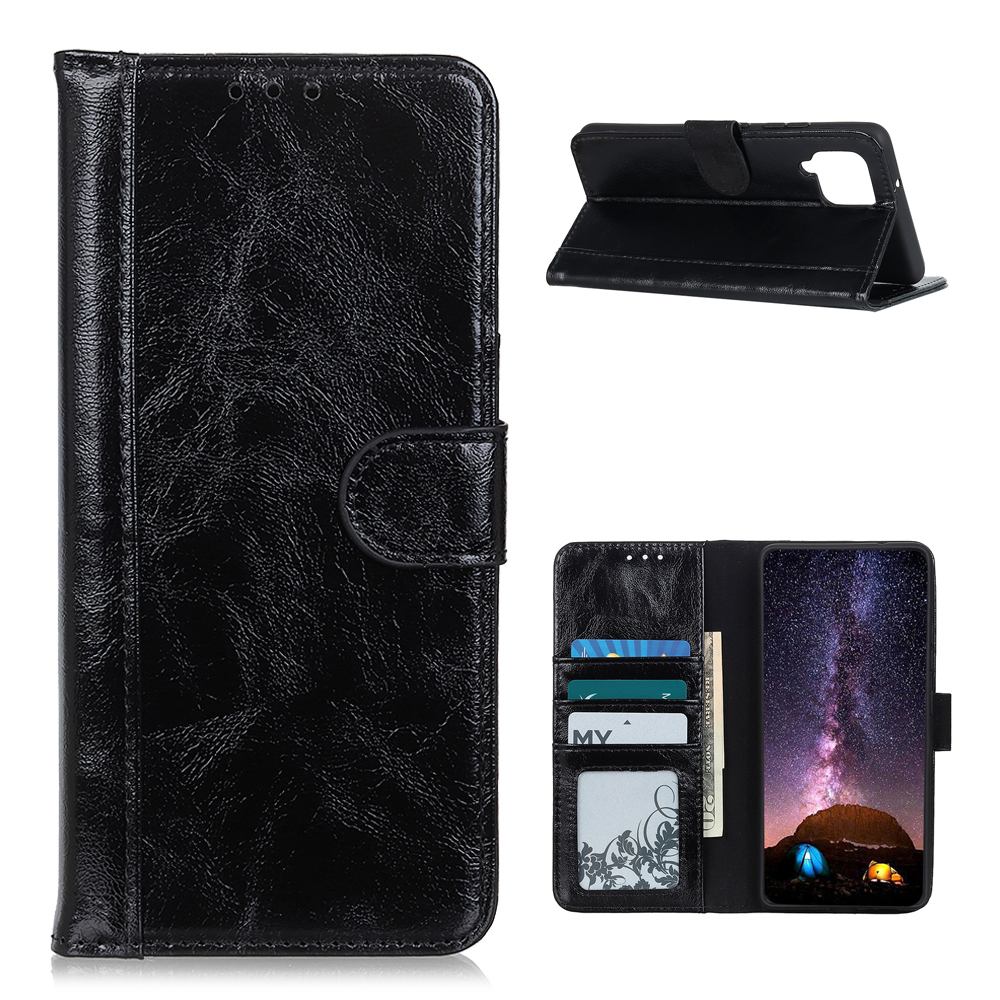 

Crazy Horse Leather Shell for Samsung Galaxy A12 Wallet Stand Protective Case - Black, Galaxy A12