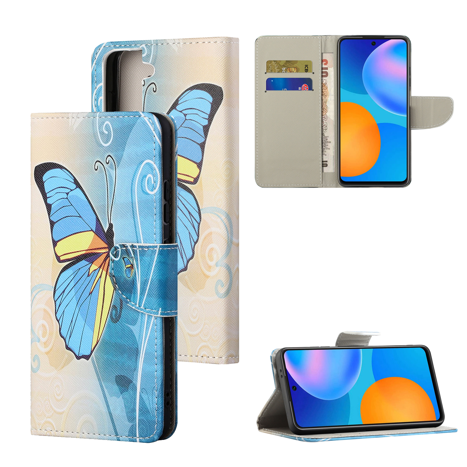 

Pattern Printing Cross Texture Leather Wallet Phone Stand Protective Case for Samsung Galaxy S21+ - Blue Butterfly, Other Samsung Models