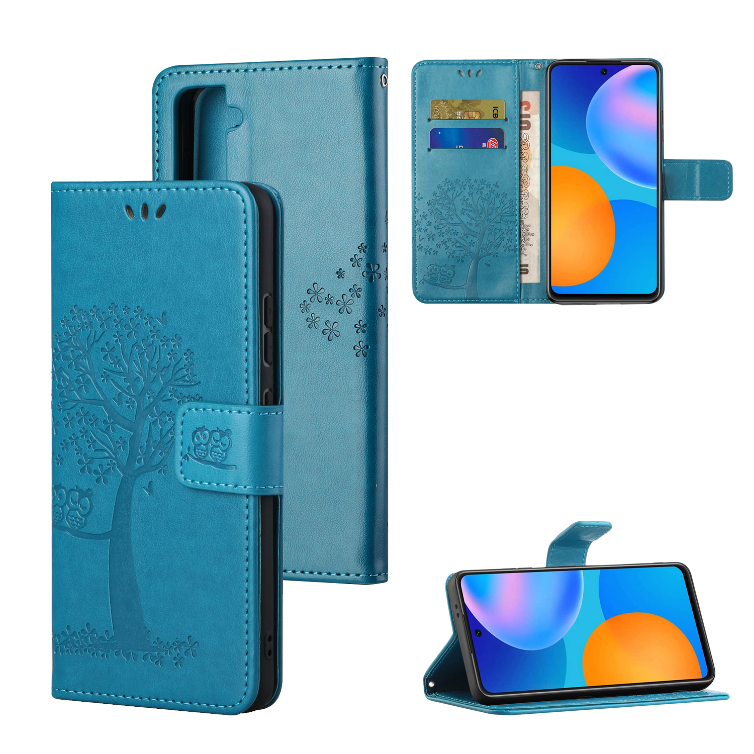 

Imprint Tree and Owl Leather Wallet Stand Case for Samsung Galaxy S21+ - Blue, Other Samsung Models