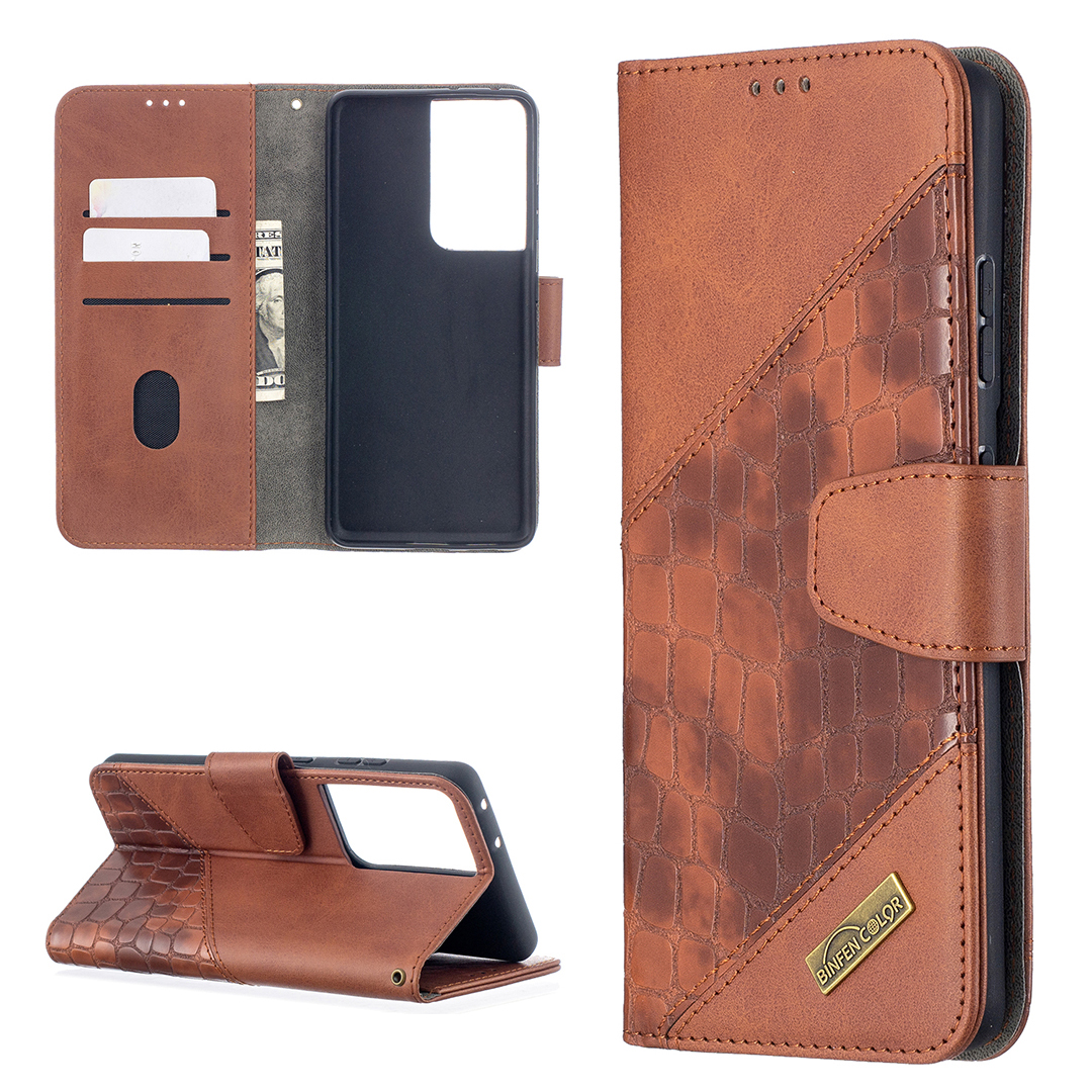 

BF04 Splicing Crocodile Texture Wallet Stand Leather Cover for Samsung Galaxy S21 Ultra 5G - Brown, Galaxy S21 Ultra 5G