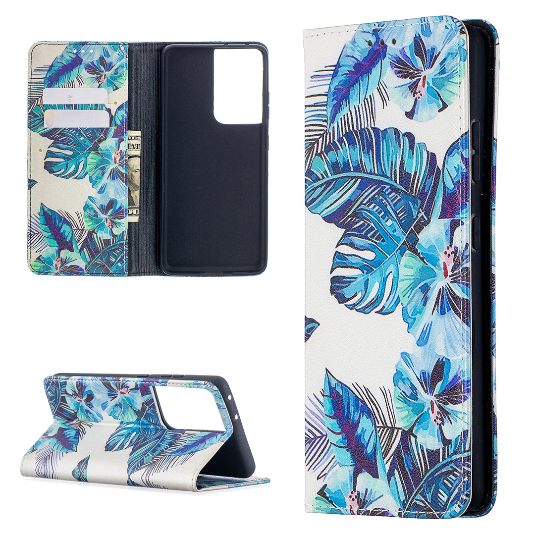 

Стильный Рисунок PU Кожаный Футляр Для Samsung Galaxy S30 Ultra - Лист И Цветок, Galaxy S21 Ultra 5G