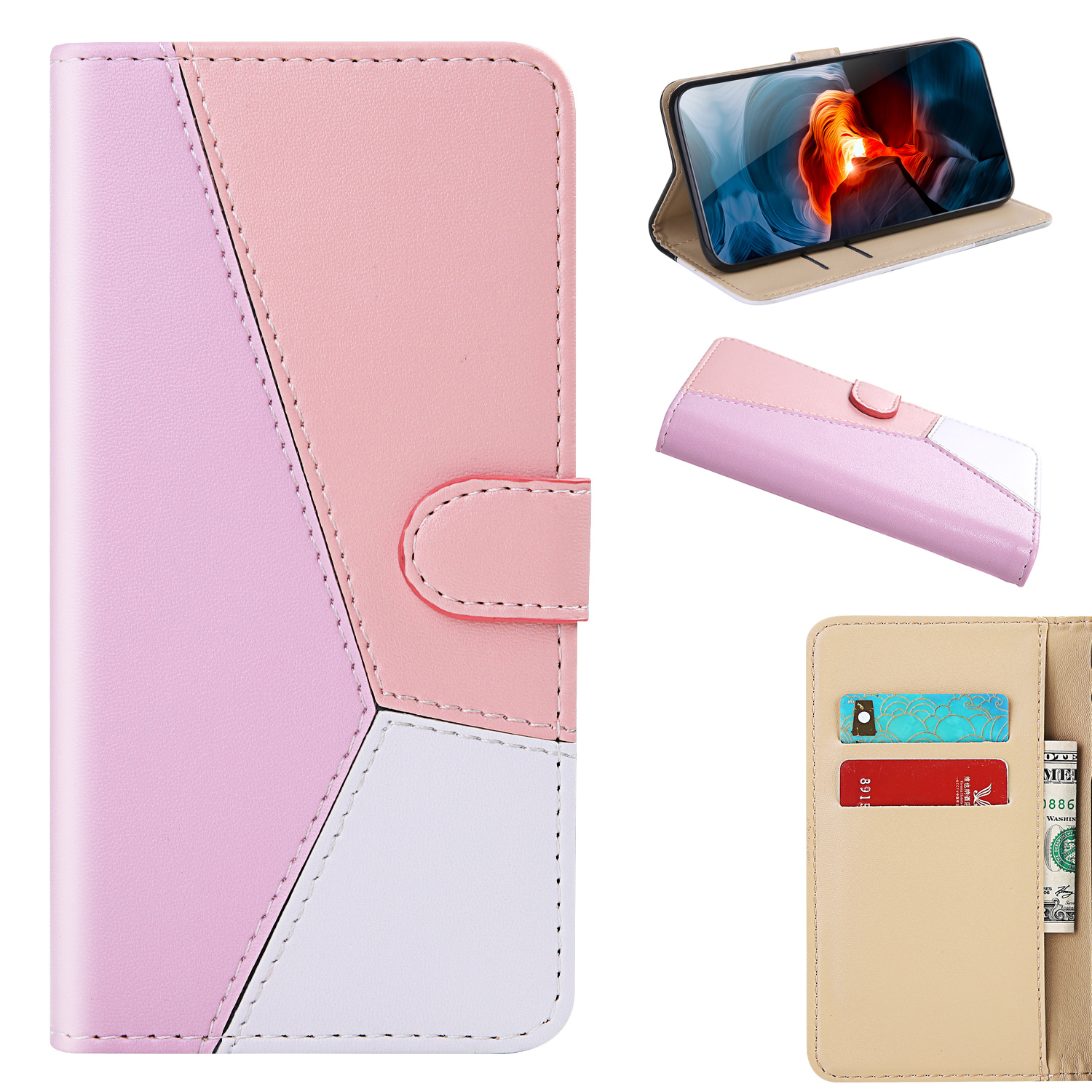 

Three-color Splicing for Samsung Galaxy S21+ 5G PU Leather Wallet Phone Shell - Purple/Pink/White, Samsung Galaxy S21+