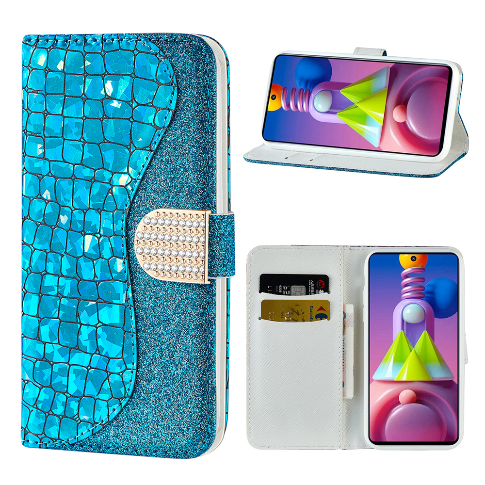 

Crocodile Texture Flash Powder Кожаный Футляр Для Samsung Galaxy M51 (версия Боковой Отпечатки Пальцев) - Синий, Galaxy M51
