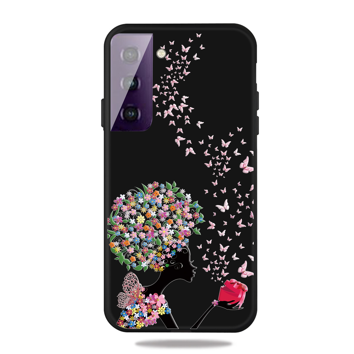 

Матовая Оболочка Корпуса TPU с Печатью на Черном Фоне Для Samsung Galaxy S21 4G/5G - Цветок и Бабочка, Galaxy S21 5G
