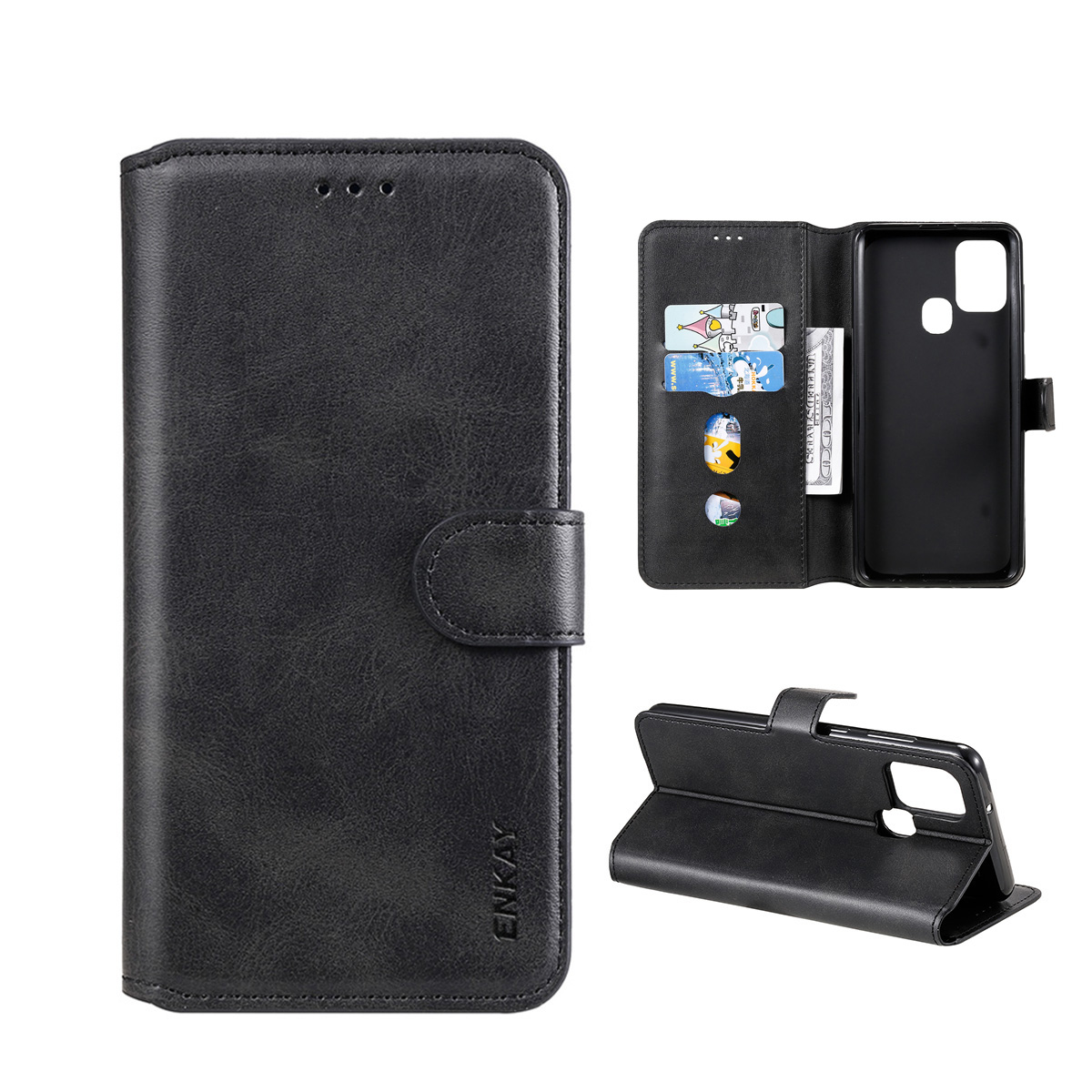 

ENKAY ENK-PUC028 PU Leather + TPU Wallet Stand Phone Case for Samsung Galaxy A21s - Black, Galaxy A21s