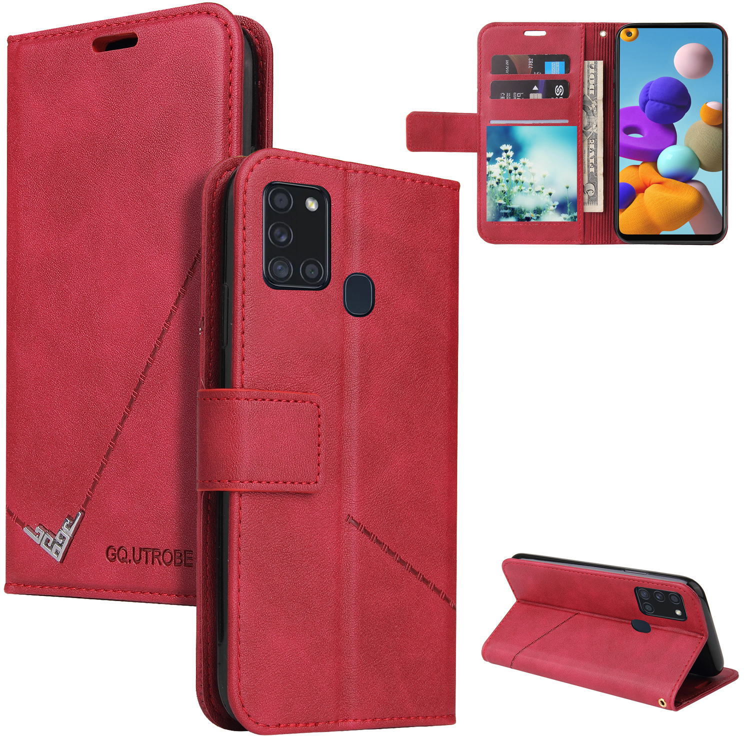 

GQ.UTROBE Rectangular Metal Decor Wallet Stand Leather Cover for Samsung Galaxy A21s - Red, Galaxy A21s