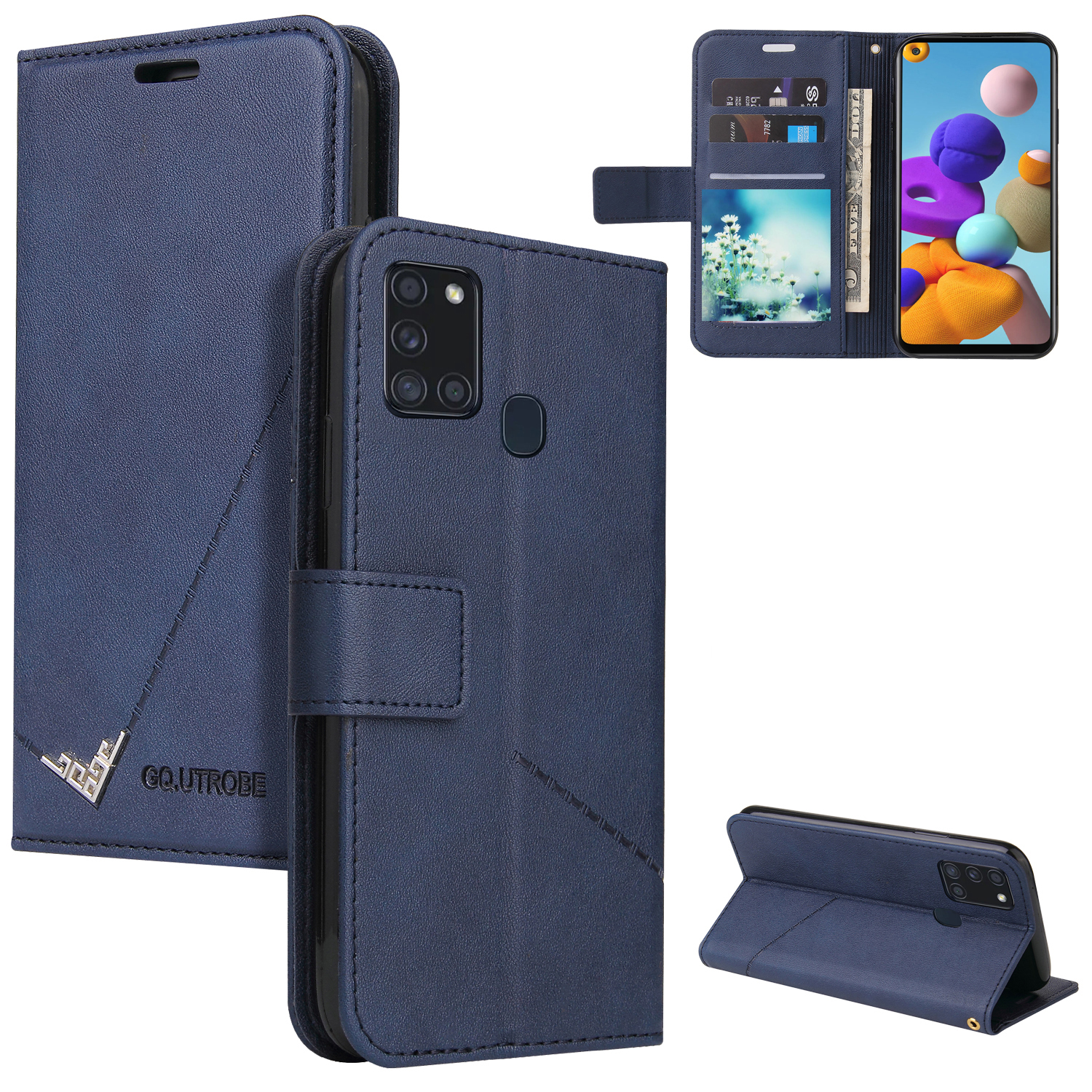 

GQ.UTROBE Rectangular Metal Decor Wallet Stand Leather Cover for Samsung Galaxy A21s - Blue, Galaxy A21s
