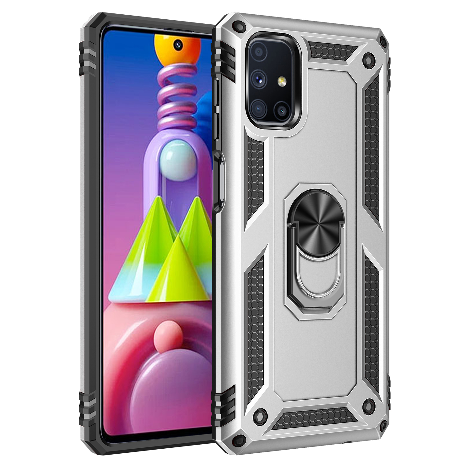 

Ring Kickstand Anti-drop Cover for Samsung Galaxy M51 Hybrid PC + TPU Protective Shell - Silver, Galaxy M51