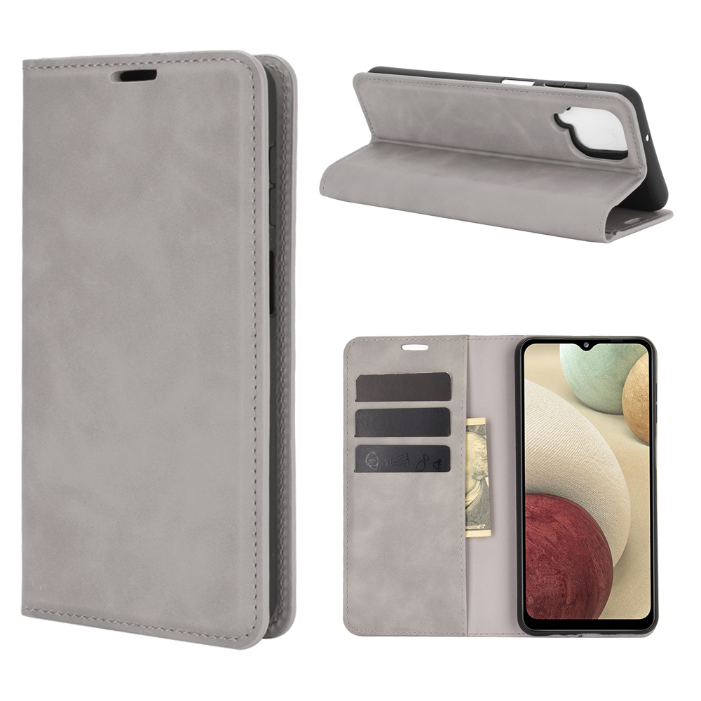 

Silky Touch Auto-absorbed Wallet Leather Stand Case for Samsung Galaxy A12 - Grey, Galaxy A12
