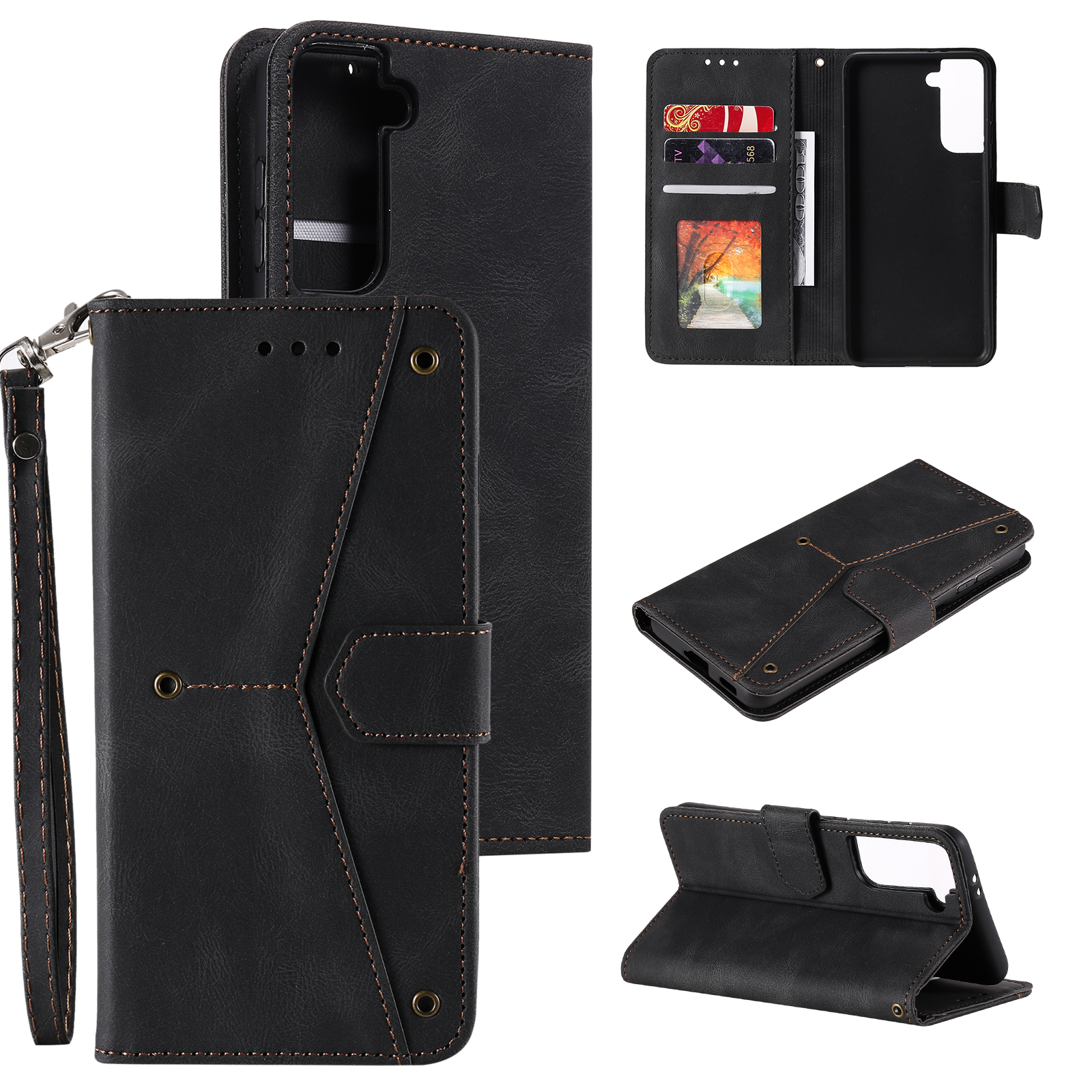 

Splicing Stitching Stand for Samsung Galaxy S21+ Protector Skin-touch Leather Case - Black, Samsung Galaxy S21+