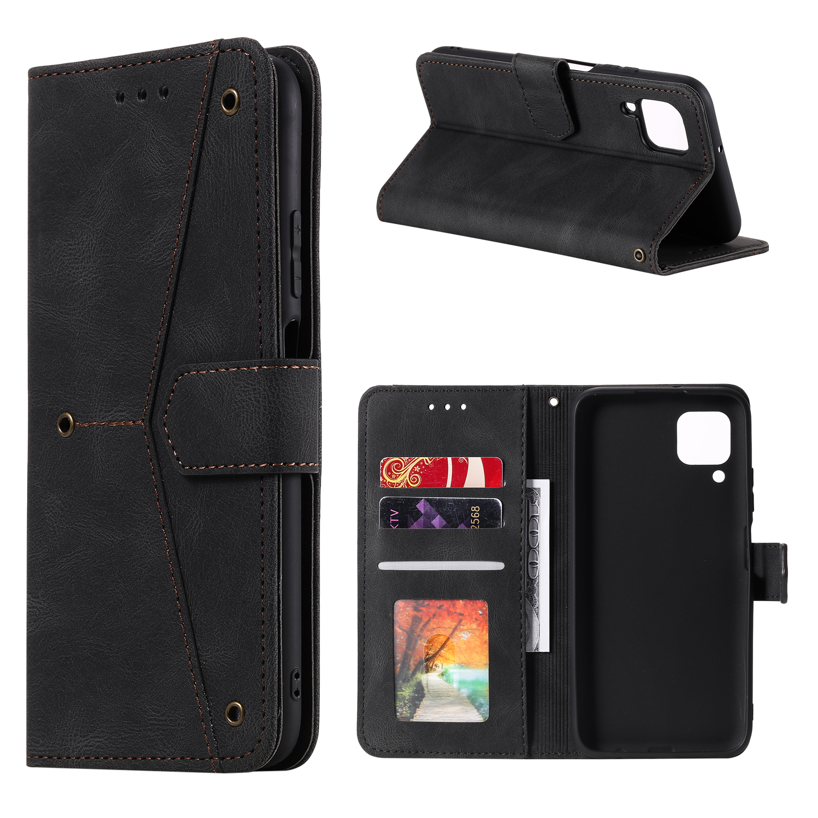 

Skin-touch Leather Case for Samsung Galaxy A42 5G Splicing Stitching Stand Protector - Black, Galaxy A42 5G