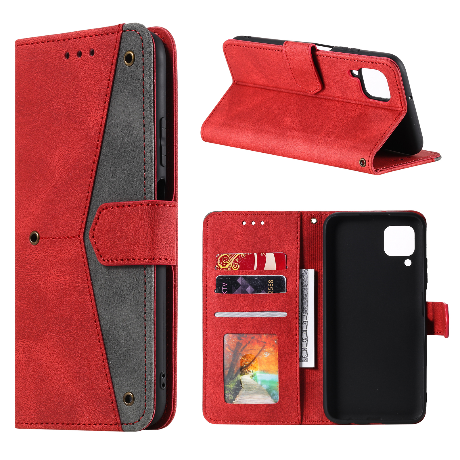 

Skin-touch Leather Case for Samsung Galaxy A42 5G Splicing Stitching Stand Protector - Red, Galaxy A42 5G
