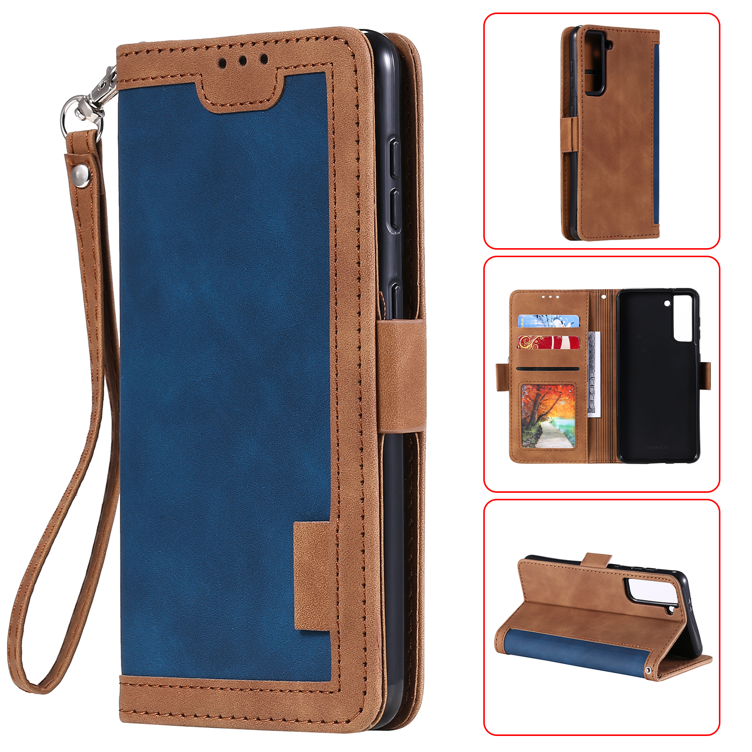 

Retro Style Splicing Leather Cover for Samsung Galaxy S21+ 5G Wallet Case with Lanyard - Blue, Samsung Galaxy S21+