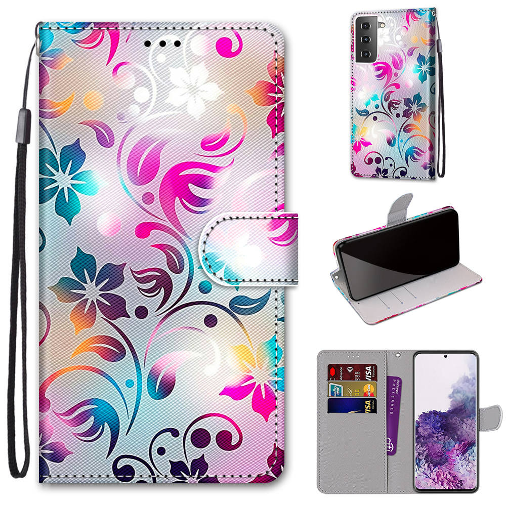 

For Samsung Galaxy S21+ 5G Phone Case Stand Leather New Patterned Cover - Shiny Flower, Samsung Galaxy S21+