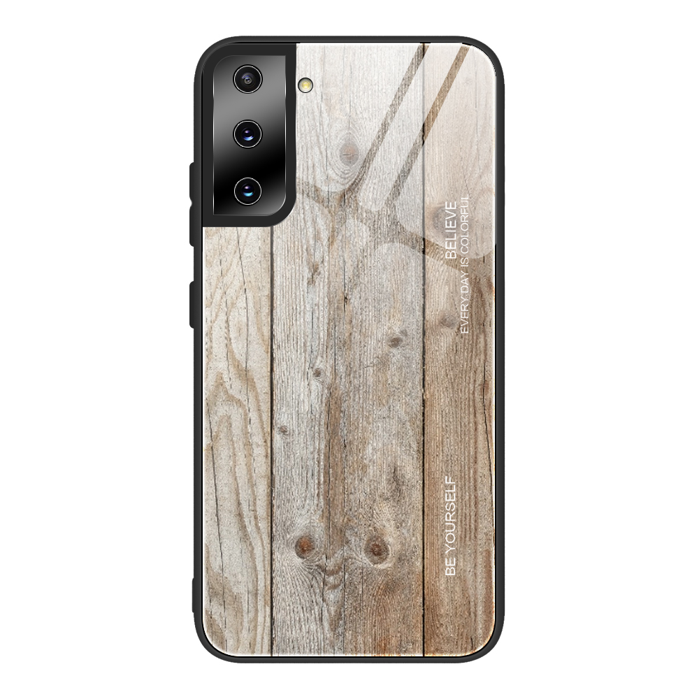 

TPU Frame Wooden Texture Pattern Printing Tempered Glass Phone Cover Case for Samsung Galaxy S21 Plus 5G - Grey, Samsung Galaxy S21+