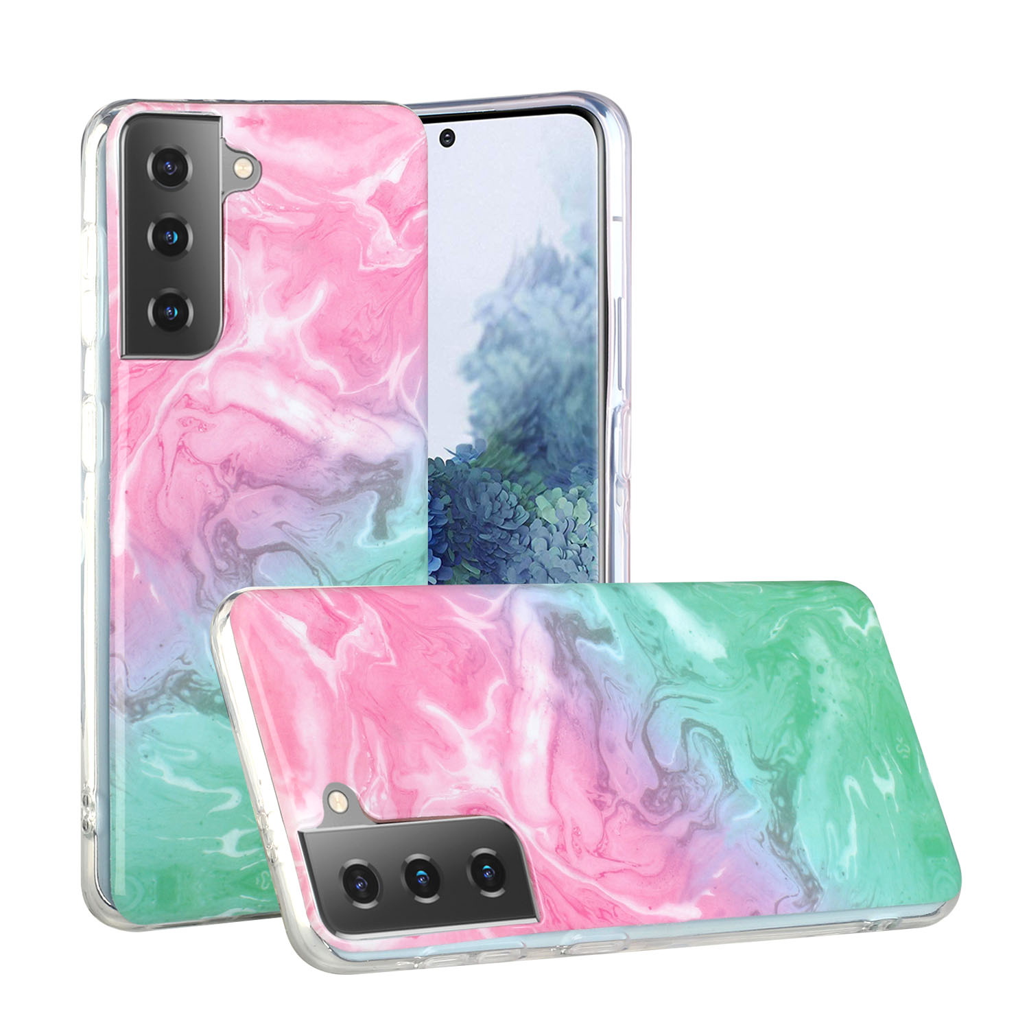 

Мраморный Рисунок Печати TPU IMD Мобильный Телефон Защитный Чехол Для Samsung Galaxy S21 + 5G - Розовый / Зеленый, Samsung Galaxy S21+