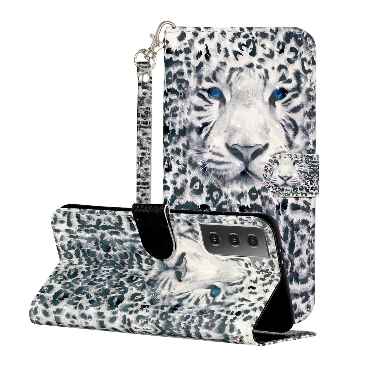 

3D Pattern Printing Wallet Stand Leather Phone Casing with Strap for Samsung Galaxy S21+ 5G - Tiger Face/Leopard Texture, Galaxy S21 5G