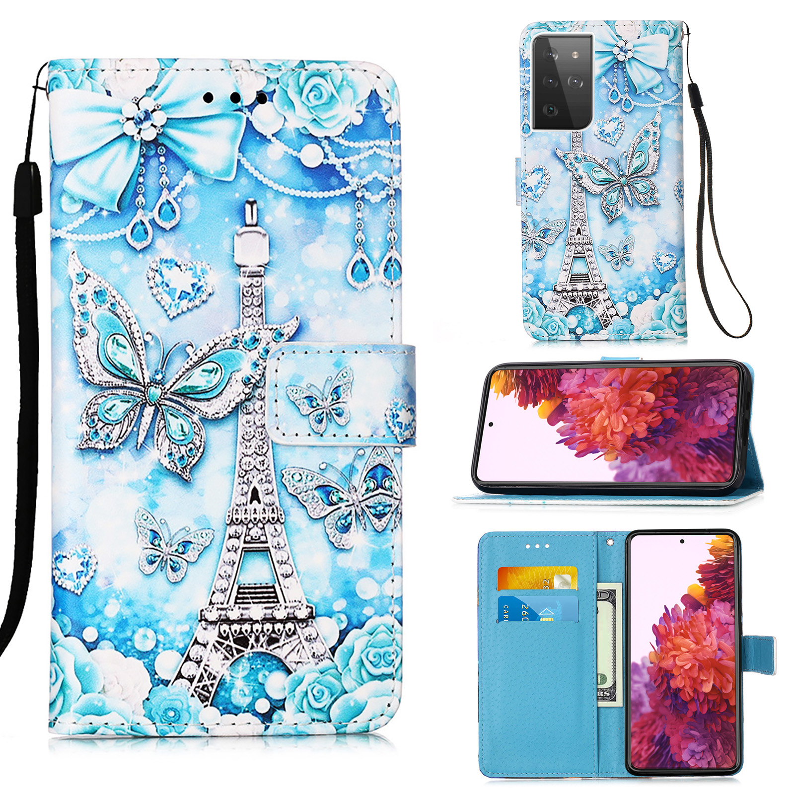 

Кожаный Кошелек Стенд Стенд С Печатью Для Samsung Galaxy S30 Ultra - Бабочка И Башня, Galaxy S21 Ultra 5G
