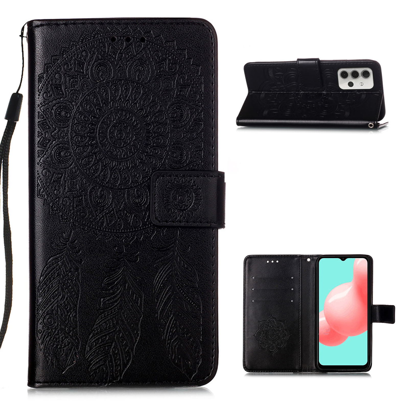 

Стенд Кошелька Dreamcatcher Imprinting Кожаный Сотовый Телефон Крышка Оболочки Для Samsung Galaxy A32 5G - Чернить, Galaxy A32 5G