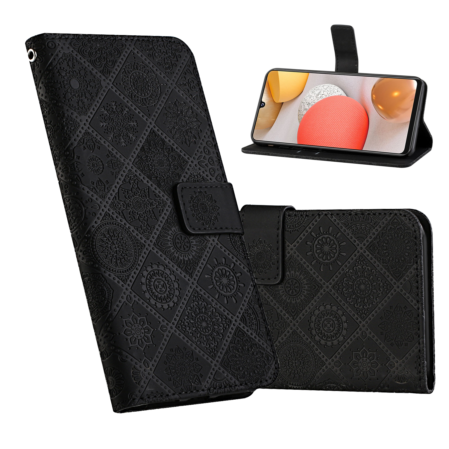 

For Samsung Galaxy A42 5G Imprint Ethnic Style Flower Wallet Leather Shell - Black, Galaxy A42 5G