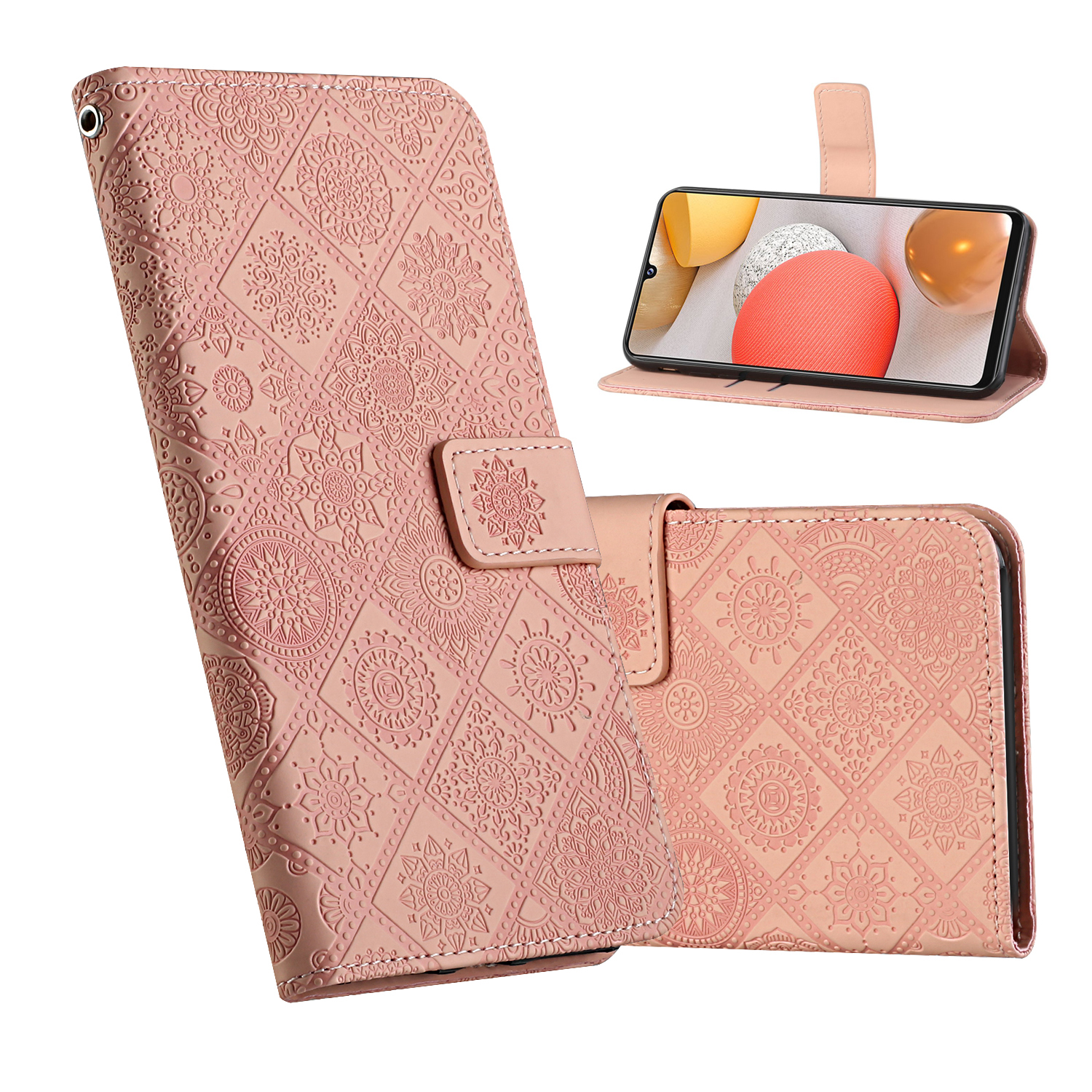 

For Samsung Galaxy A42 5G Imprint Ethnic Style Flower Wallet Leather Shell - Pink, Galaxy A42 5G
