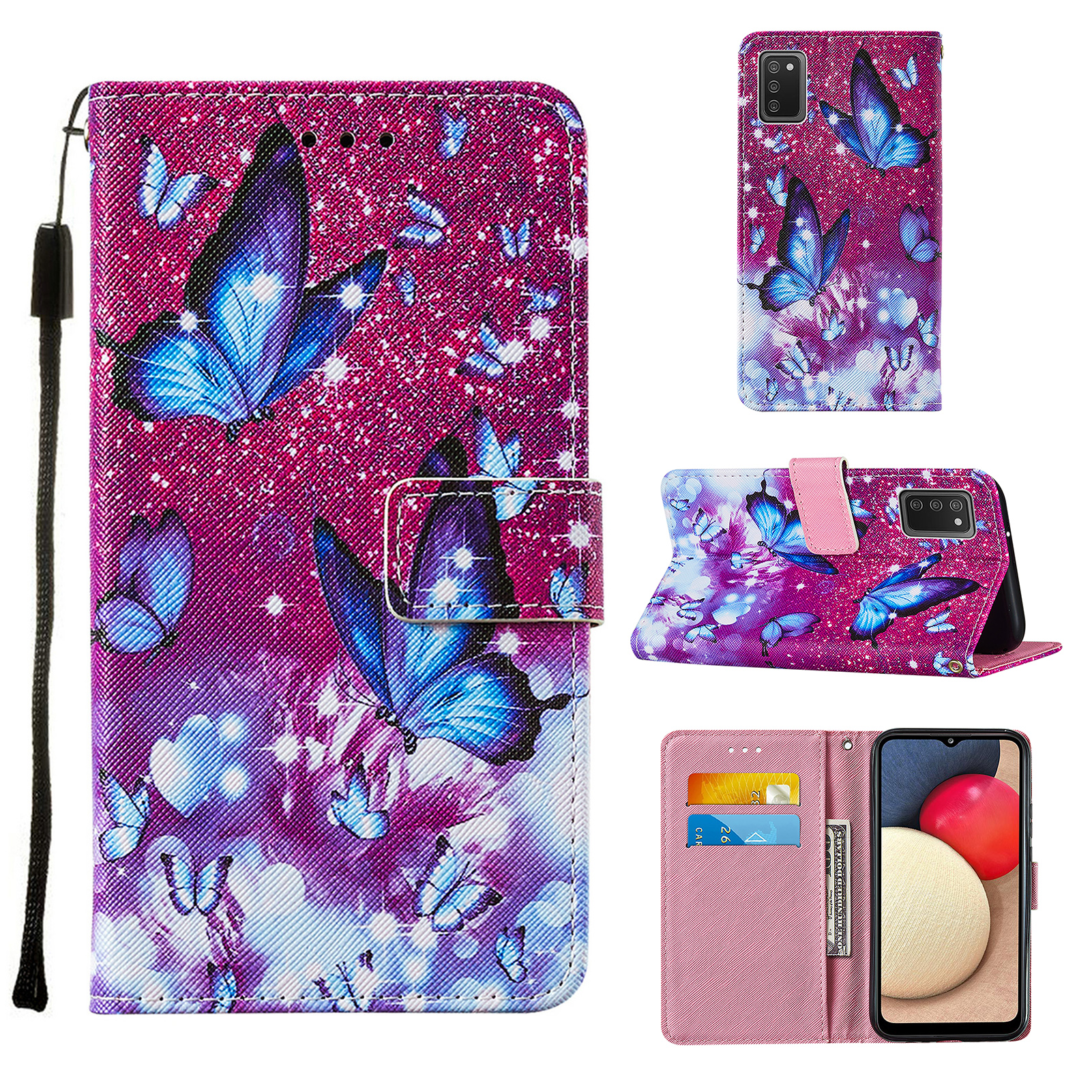 

Pattern Printing TPU + PU Кожаный Телефон Стенд Чехол Чехол Для Samsung Galaxy A02S (164.2x75.9x9.1mm) - Синяя Бабочка, Galaxy A02s (164.2x75.9x9.1mm)
