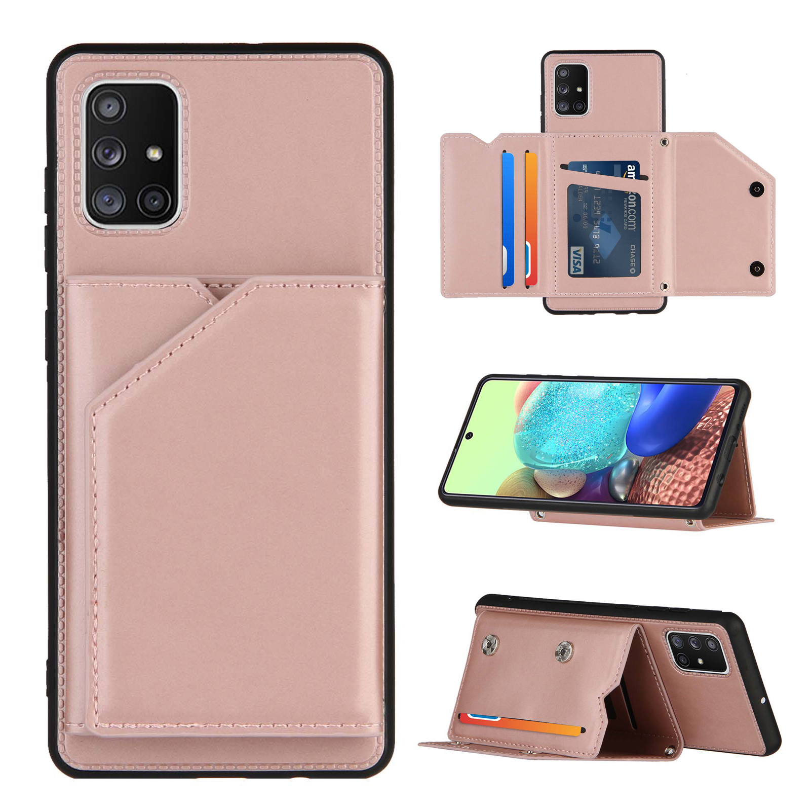 

Anti-shock Stand Card Holder TPU + PU Leather Phone Shell for Samsung Galaxy A71 SM-A715 - Rose Gold, Galaxy A71 4G