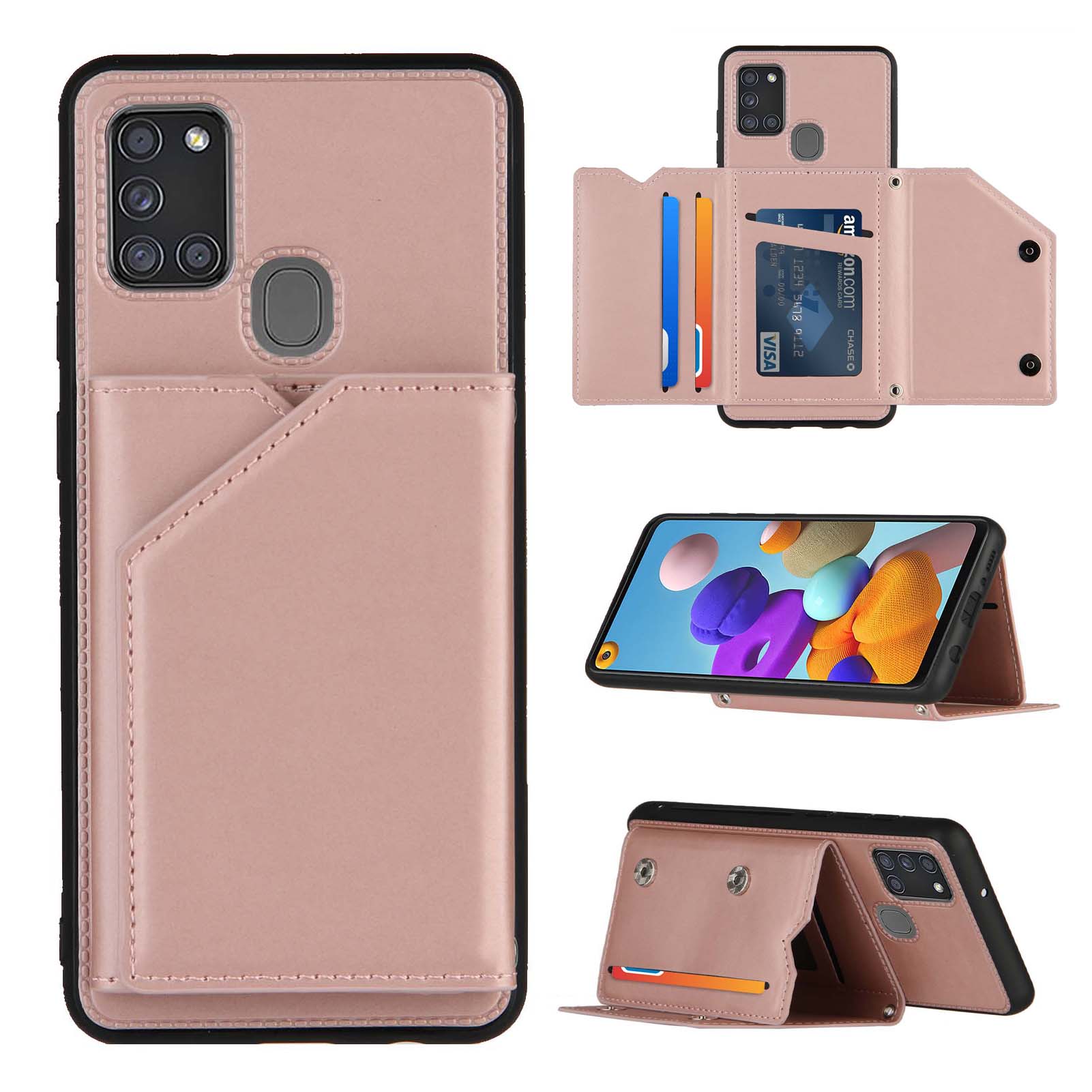 

Card Holder Stand Rubberized Leather Skin TPU + PU Leather Phone Shell for Samsung Galaxy A21s - Rose Gold, Galaxy A21s