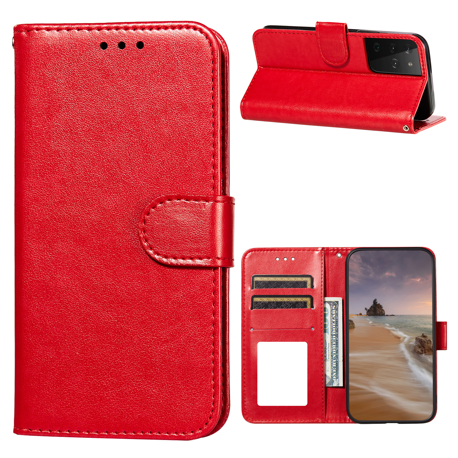 

Dual-sided Magnetic Clasp Leather Wallet Stand Phone Case Shellf or Samsung Galaxy S21 Ultra 5G - Red, Galaxy S21 Ultra 5G