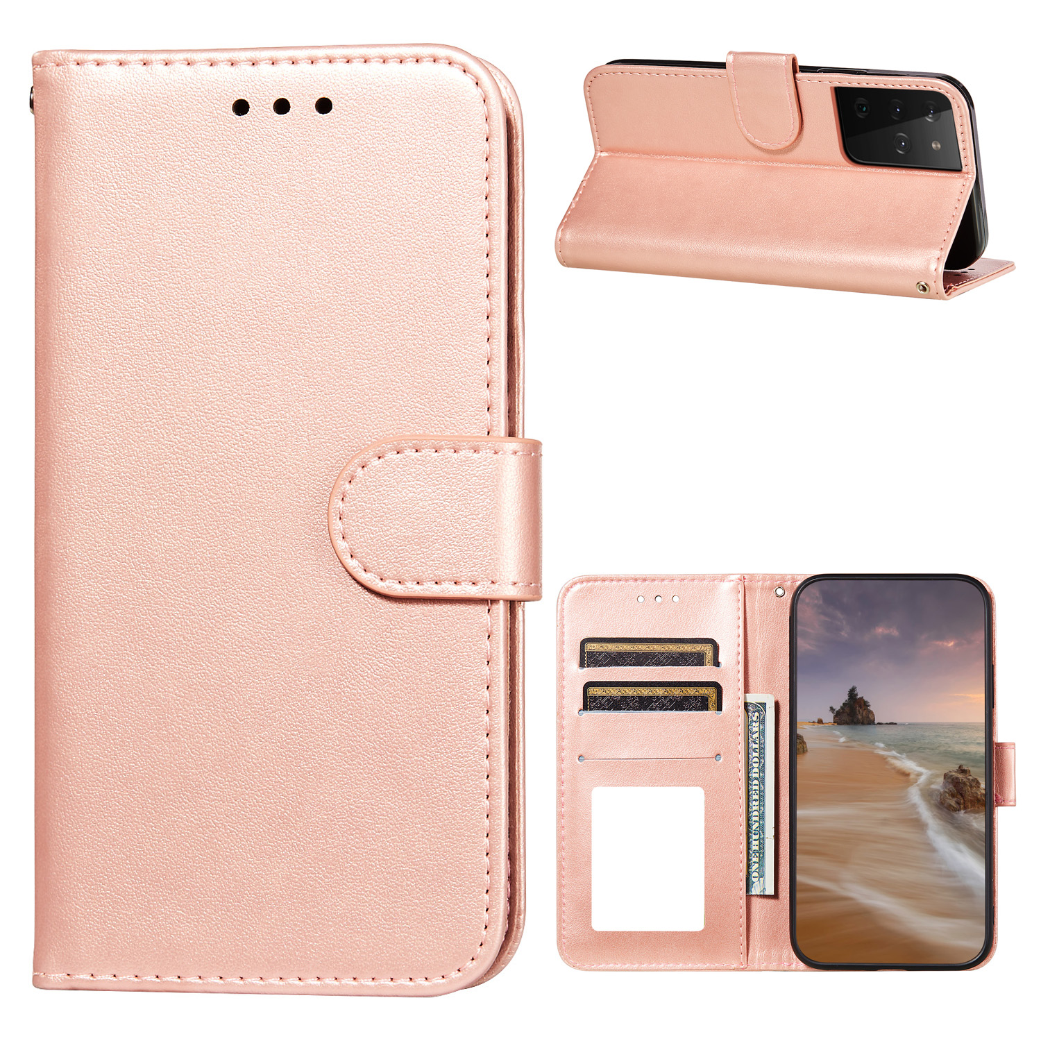 

Dual-sided Magnetic Clasp Leather Wallet Stand Phone Case Shellf or Samsung Galaxy S21 Ultra 5G - Rose Gold, Galaxy S21 Ultra 5G