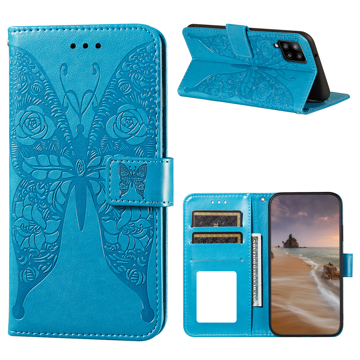 

For Samsung Galaxy A42 5G Imprinted Rose Flower Butterflies Pattern Leather Wallet Stand Case - Blue, Galaxy A42 5G
