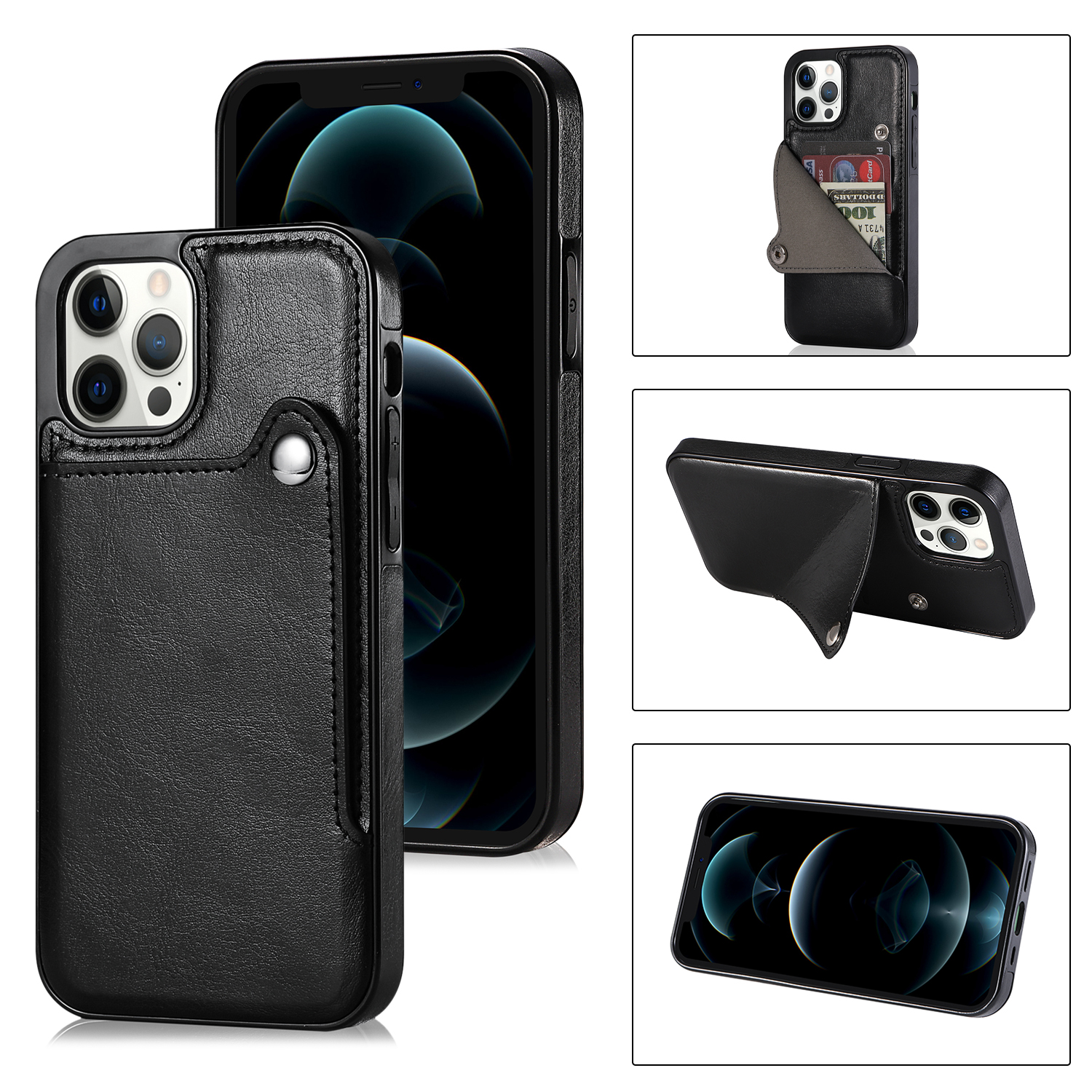 

TPU + PU Leather Kickstand Card Slots Phone Back Protective Case for iPhone 12 Pro Max - Black, iPhone 12 Pro Max