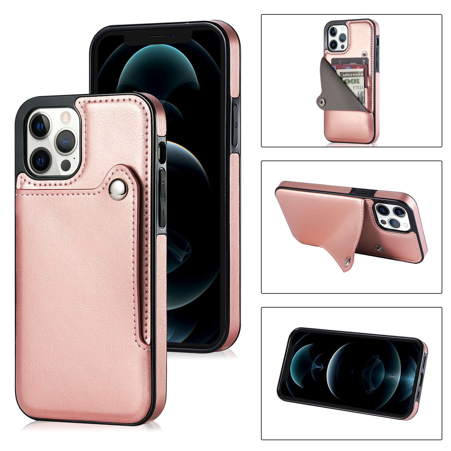 

TPU + PU Leather Kickstand Card Slots Phone Back Protective Case for iPhone 12 Pro Max - Rose Gold, iPhone 12 Pro Max
