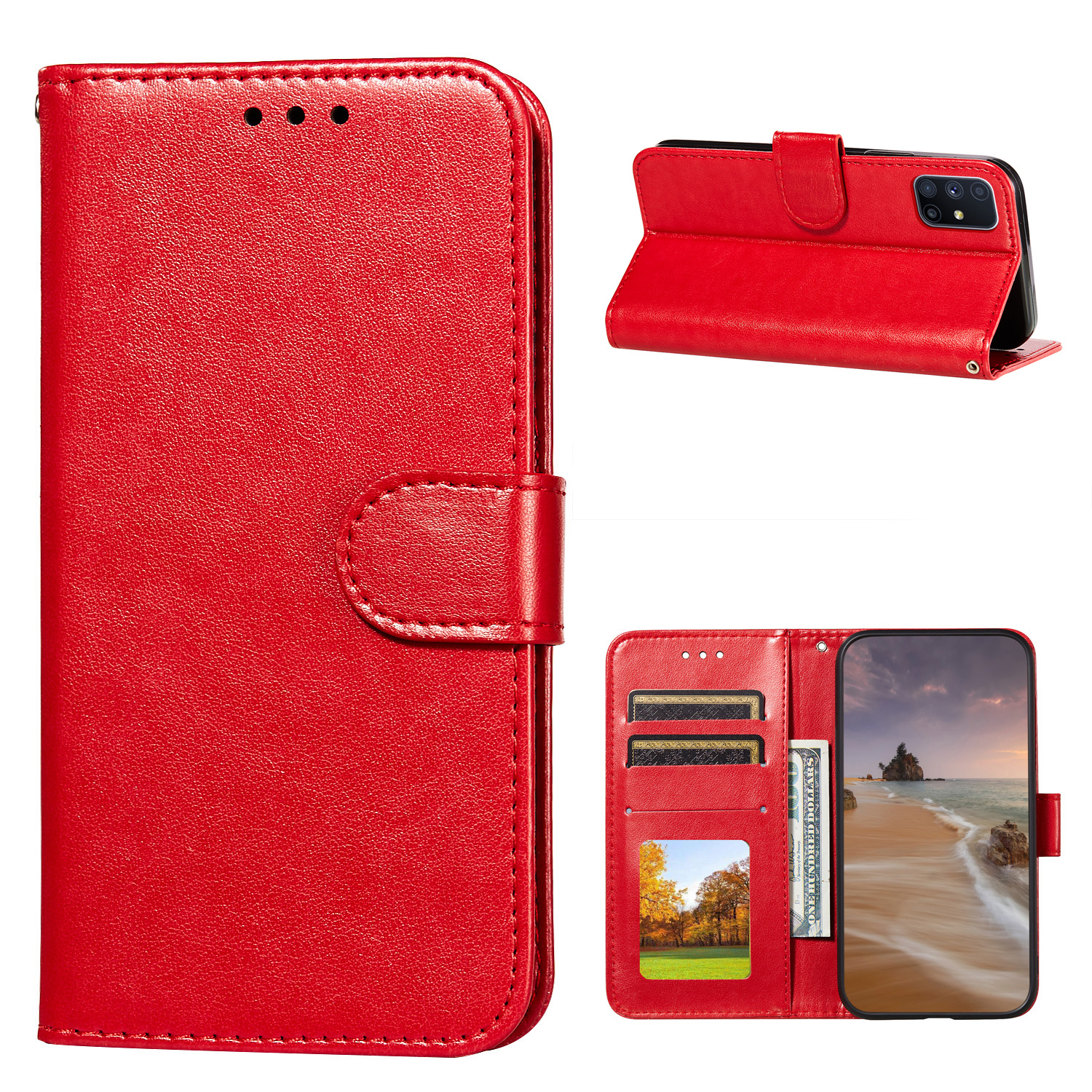 

Dual-sided Magnetic Clasp Leather Wallet Stand Phone Case Shell for Samsung Galaxy M51 - Red, Galaxy M51