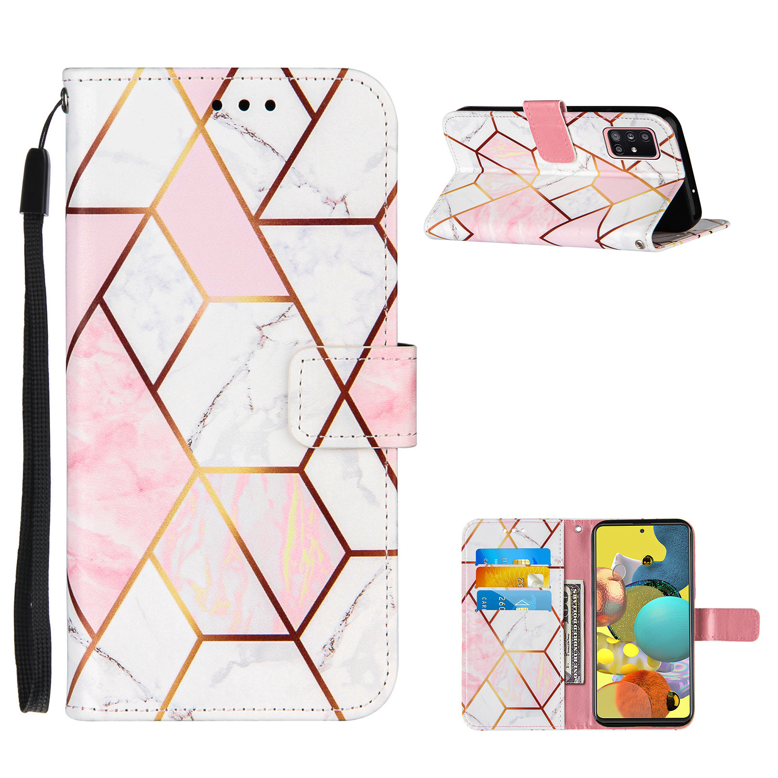

Мраморный Шаблон Сращивание Кошелька Стенд TPU + PU Кожаный Чехол Для Samsung Galaxy A51 SM-A515 - Розовый, Galaxy A51 4G
