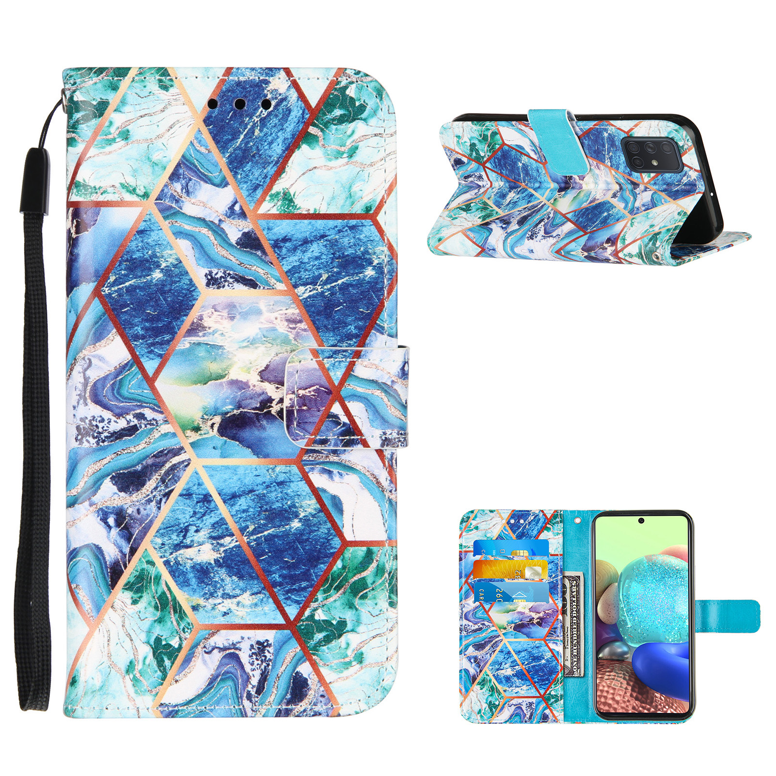 

Кошелек Стенд TPU + PU Кожаный Чехол С Сплайным Мраморным Узором Для Samsung Galaxy A71 SM-A715 - Синий, Galaxy A71 4G