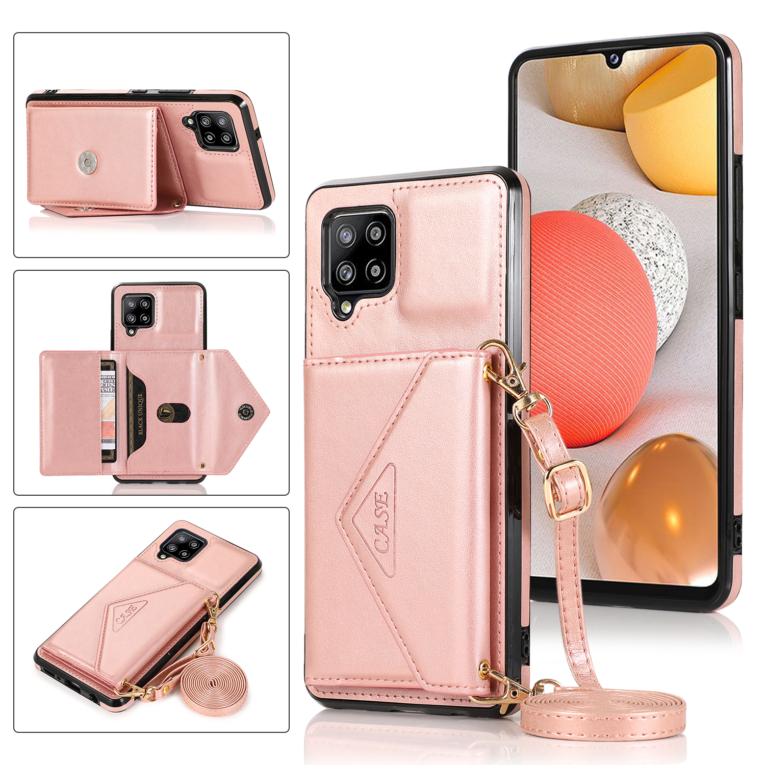 

PU Leather Coated TPU+PC Shell for Samsung Galaxy A42 5G Kickstand Wallet Case with Handbag Strap - Rose Gold, Galaxy A42 5G