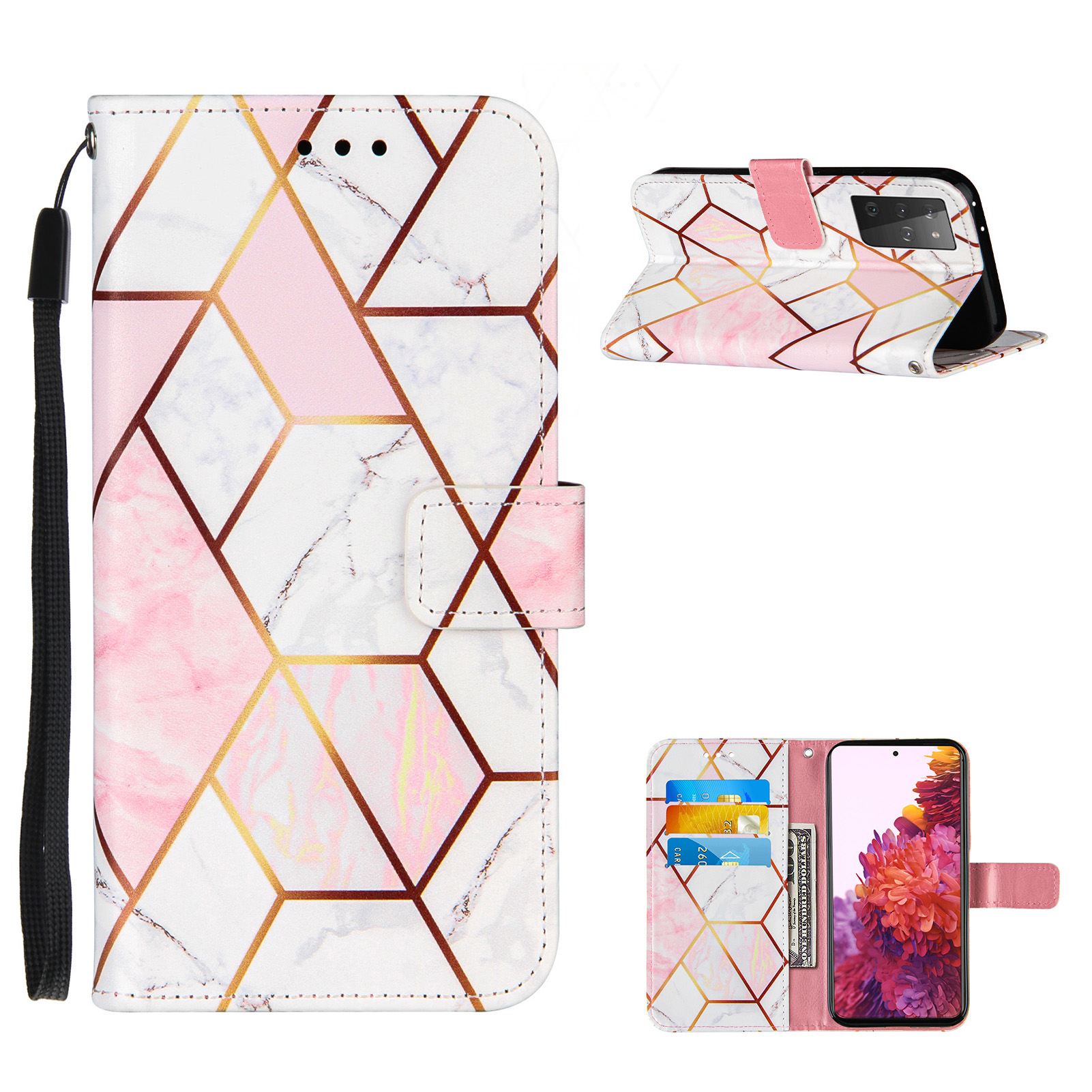 

TPU + PU Кожаный Сращивание Мраморных Шаблонов Кошелек Стенд Футляр Для Samsung Galaxy S21 Ultra 5G - Розовый / Белый, Galaxy S21 Ultra 5G
