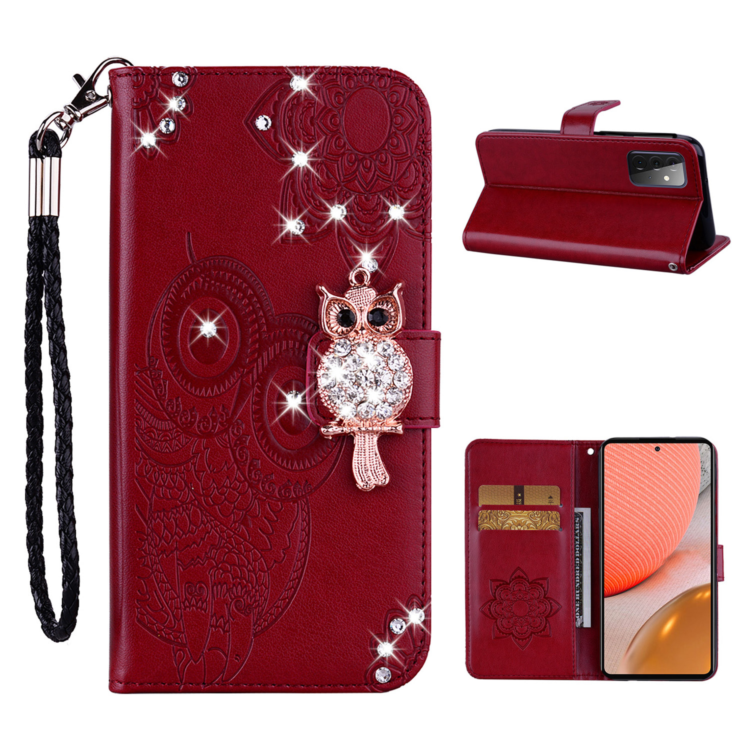 

Сова Отпечаток Decortone Decor Кожаный Телефон Для Samsung Galaxy A72 5G / A72 4G - Красный, Galaxy A72 5G