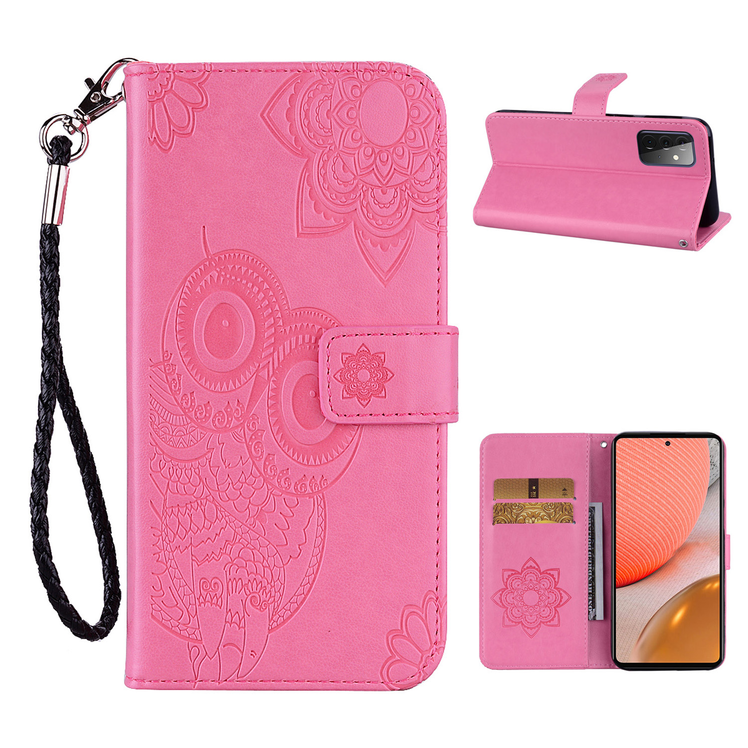 

Imprint Owl Flower Leather Protector for Samsung Galaxy A72 5G Shell Stand Cover - Pink, Galaxy A72 5G