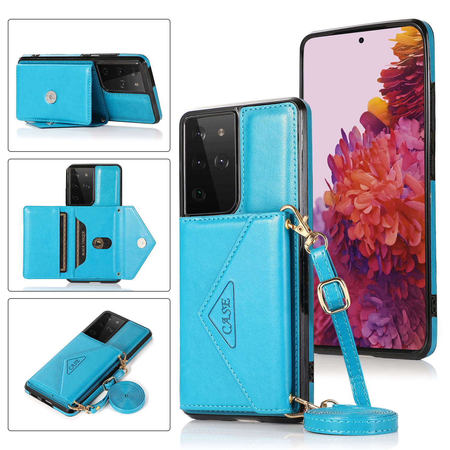 

PU Кожаное Покрытие TPU + ПК Уолкового Корпуса С Ремешком Для Samsung Galaxy S21 Ultra 5G - Синий, Galaxy S21 Ultra 5G