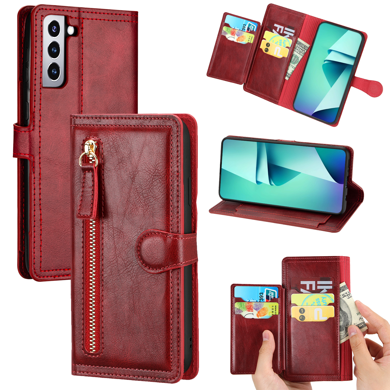 

Для Samsung Galaxy S21 + Молния Карманный Кошелек Кожаный Корпус - Красный, Samsung Galaxy S21+