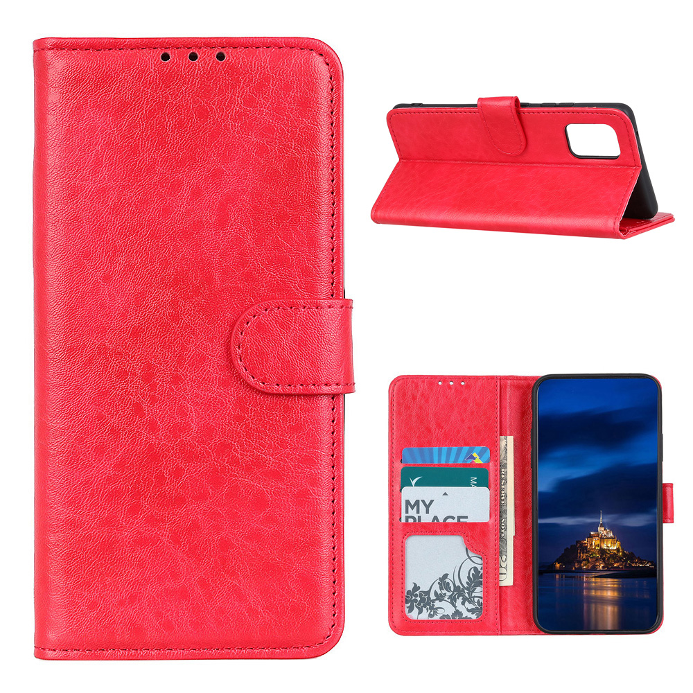 

Crazy Horse Texture Leather Shell Wallet Stand Phone Covering for Samsung Galaxy A02s (164.2x75.9x9.1mm) - Red, Galaxy A02s (164.2x75.9x9.1mm)